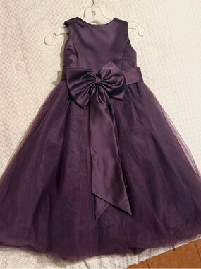 David's Bridal Deep Plum Tulle Bow Flower Girl Dress
